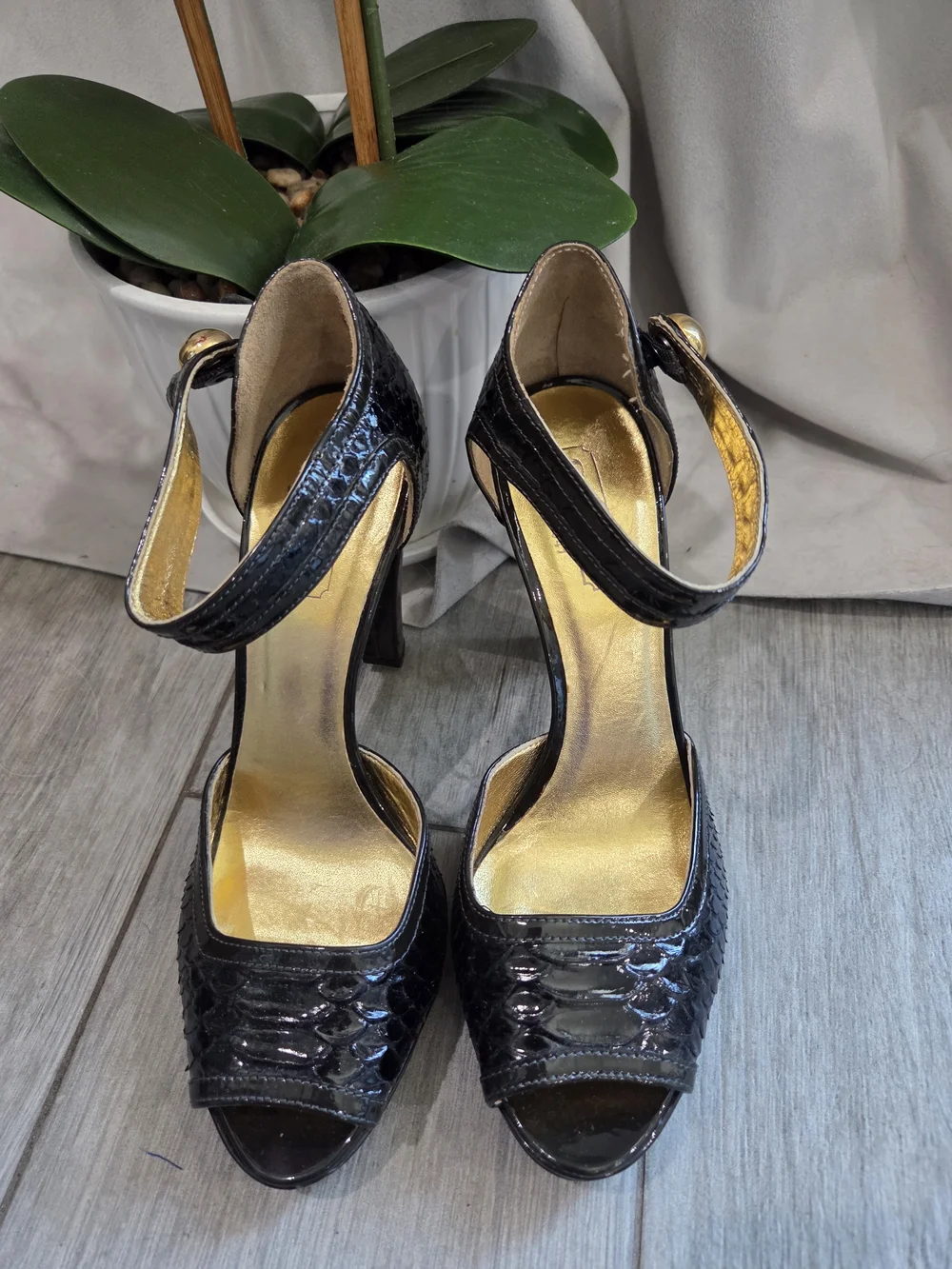 Coach Black Patent Peep-Toe Ankle Strap Heels